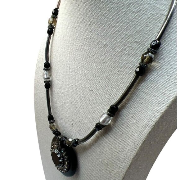 Chicos Statement Necklace With Black & Silver Beads Rhinestone Pendant N1 - Picture 6 of 14